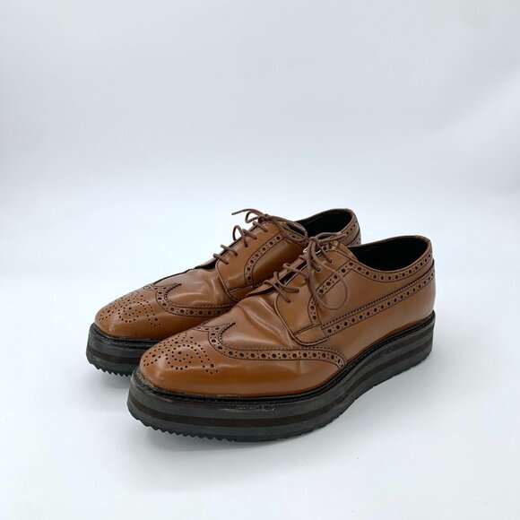 Q12286 Prada size 40.5 brown Baroque carved lace-up thick-soled leather shoes wi main image 9